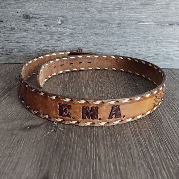 Vintage Nocona Tooled Western Belt Customized "E.M.A." No Buckle Size 34 - Picture 1 of 6